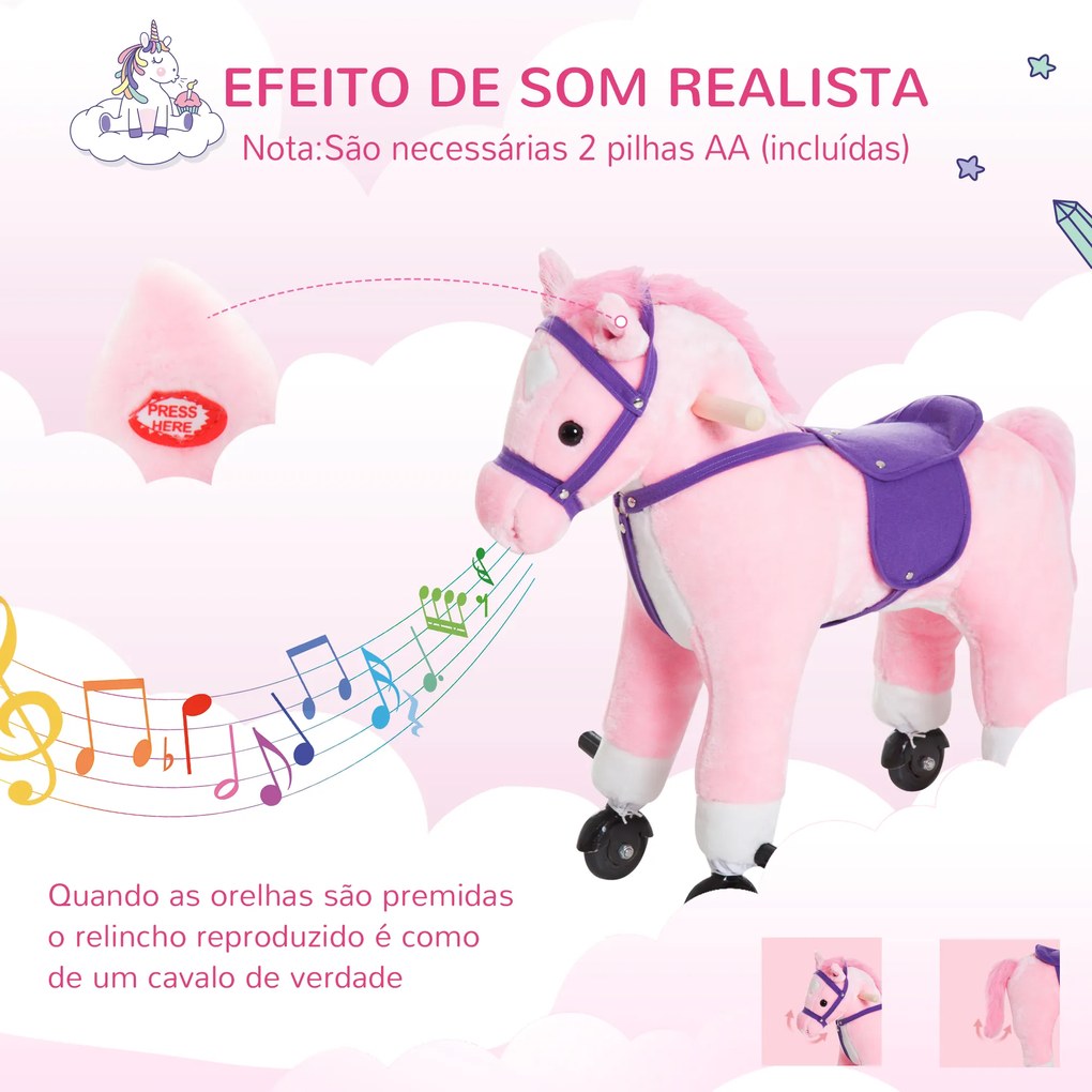 Cavalo para Crianças acima de 36 Meses com Rodas Sons de Relinchar e Pedais Carga 60 kg 55x23x60 cm Rosa