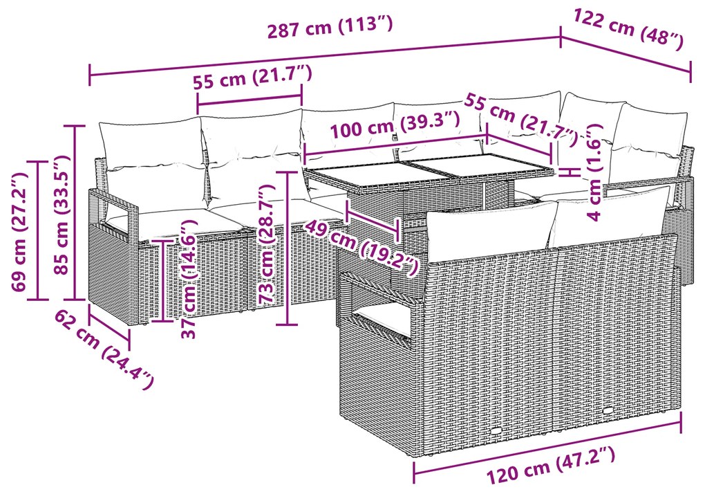 Conjunto de Sofá de Jardim vidaXL 9 Peças com Almofadas Bege Rattan Po