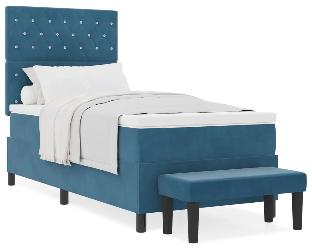 Cama Box Spring com Colchão e Banco Azul Escuro 90x200 cm Veludo