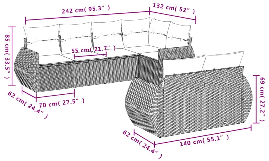 7 pcs conjunto de sofás p/ jardim c/ almofadões vime PE preto