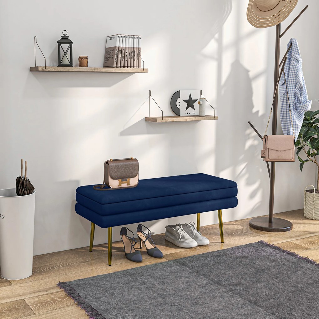 Banco com arrumação 2 em 1, assento com acabamento em veludo e pés em aço 100 x 37,5 x 42 cm, azul e dourado