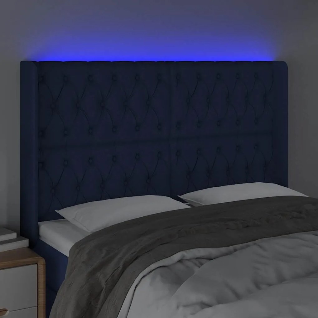 Cabeceira de cama c/ luzes LED tecido 163x16x118/128 cm azul