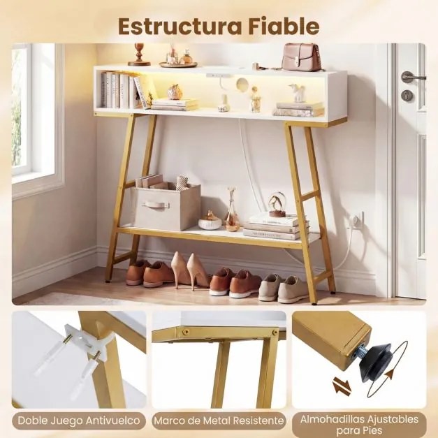 Mesa consola com luz LED e base de carregamento 100 x 20 x 86,5 cm, 3 níveis, com compartimento e prateleira, para corredor, entrada ou sala de estar,