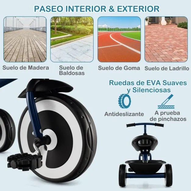 Triciclo infantil de 3 rodas com assento ajustável, cestos dianteiro e traseiro, estrutura em ferro, para 1,5 a 5 anos Azul