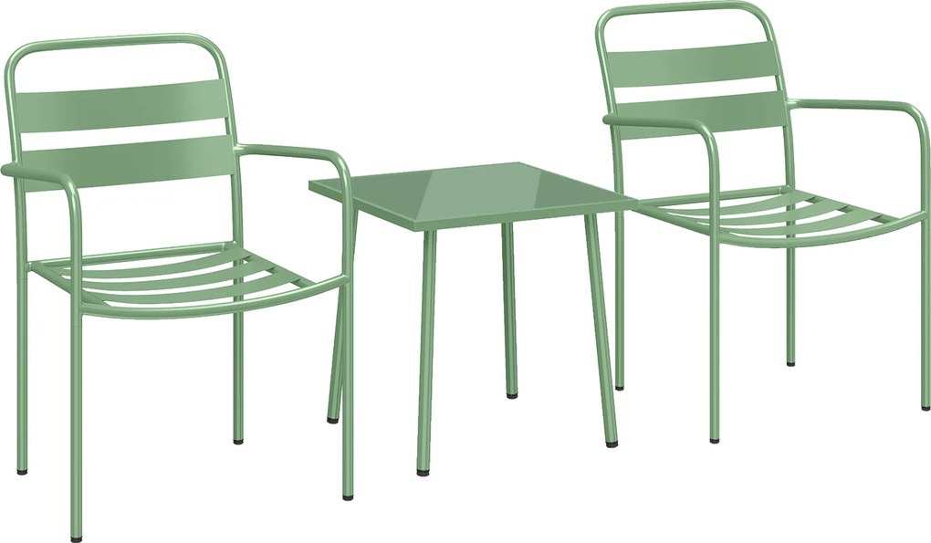 Outsunny Conjunto bistrô de jardim 3 peças - mesa baixa com tampo em vidro temperado e 2 cadeiras em ripas, estrutura em aço galvanizado, verde | Aosom Portugal