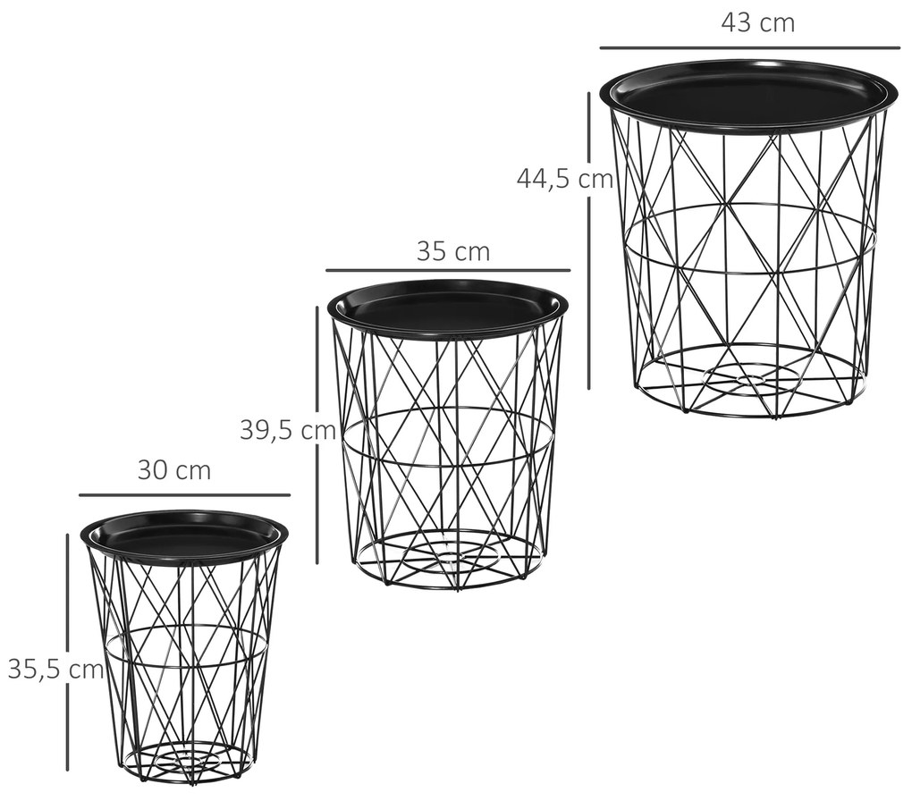 HOMCOM Conjunto de 3 mesas laterais empilháveis Cestos de metal com bandeja removível e espaço de armazenamento Estilo moderno para sala de estar Diâmetro Ø43 Ø35 e Ø30 preto