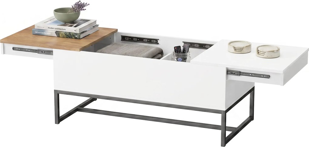Mesa de centro extensível com tampo deslizante 100 x 50 x 45 cm, mesa de sala com arrumação oculta e pés em aço, branca