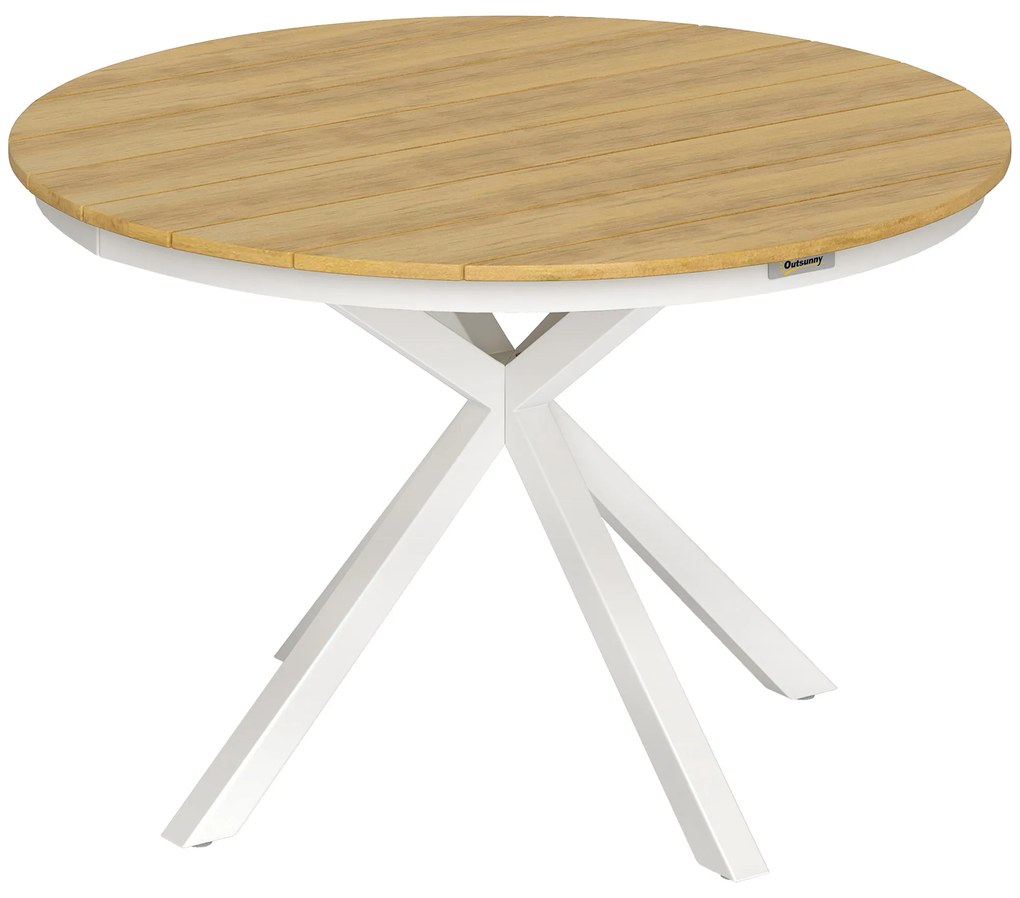 Outsunny Mesa Jardim Redonda Exterior Ø118x74 cm Estrutura Alumínio Pés Cruzados Bancada Ripas Madeira Cor Branco Elegante | Aosom Portugal