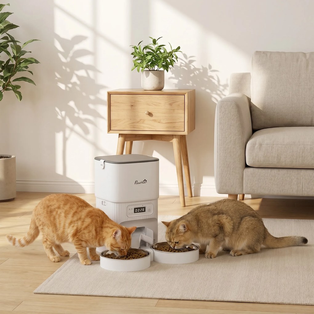 Dispensador automático de ração para gatos com temporizador, porcionamento e 2 tigelas de aço inox