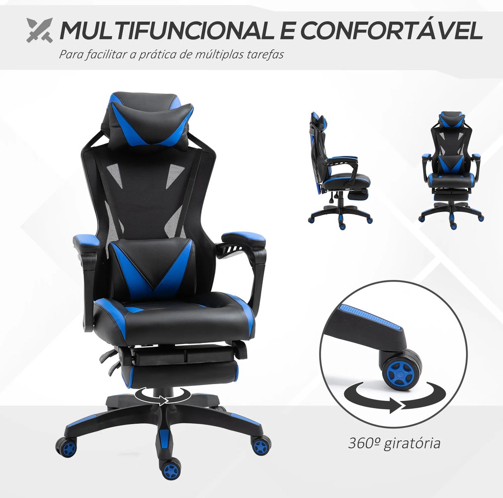 Cadeira Gaming Ergonómica Cadeira Gaming para Escritório com Altura Ajustável Encosto Regulável Almofada Lombar Apoio para os Pés Retráteis 65x70x117-