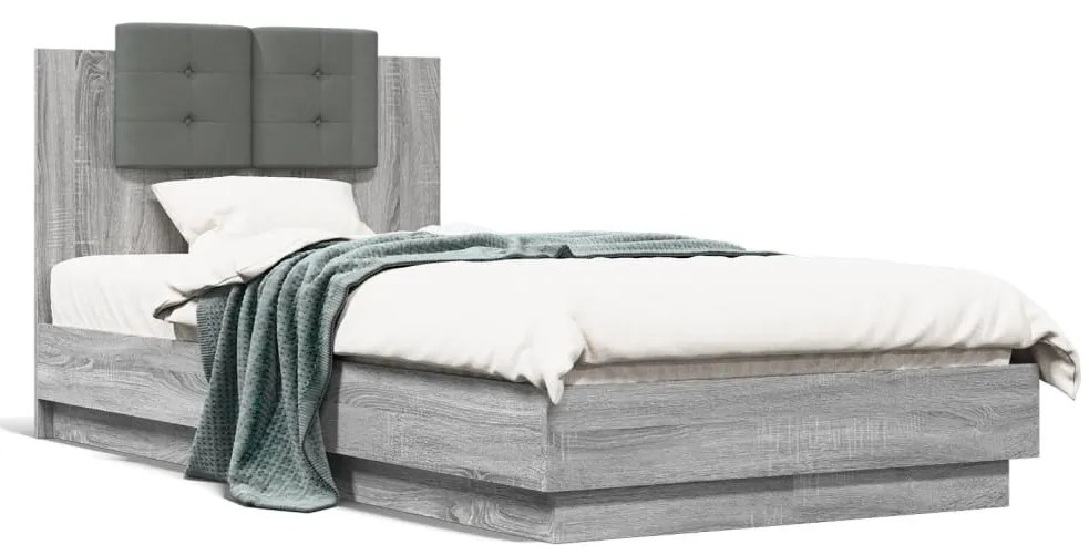 Estrutura de cama c/ cabeceira/luzes LED 90x190 cm cinza sonoma