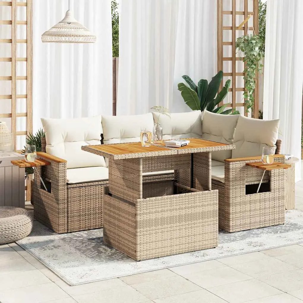 vidaXL 5 pcs conj. sofás p/ jardim c/ almofadões vime PE/acácia bege