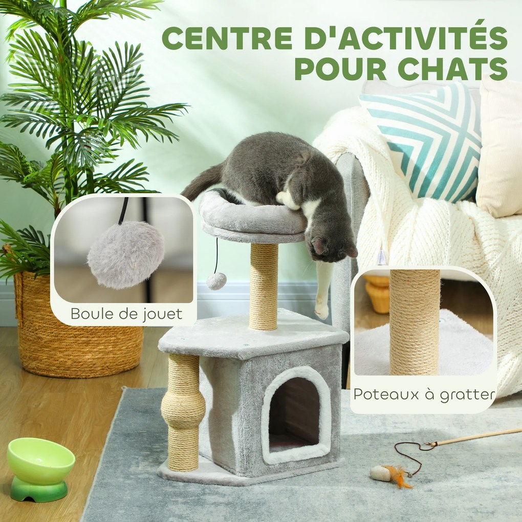 Arranhador para gatos com torre de brinquedos 42 x 30 x 66 cm, com postes para arranhar, cama e casinha para gatos, cinzento claro