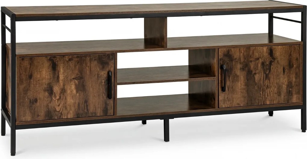 Móvel para TV até 65" com 2 armários e 4 prateleiras abertas, em madeira com pés de metal 147 x 35 x 63,5 cm Castanho rústico