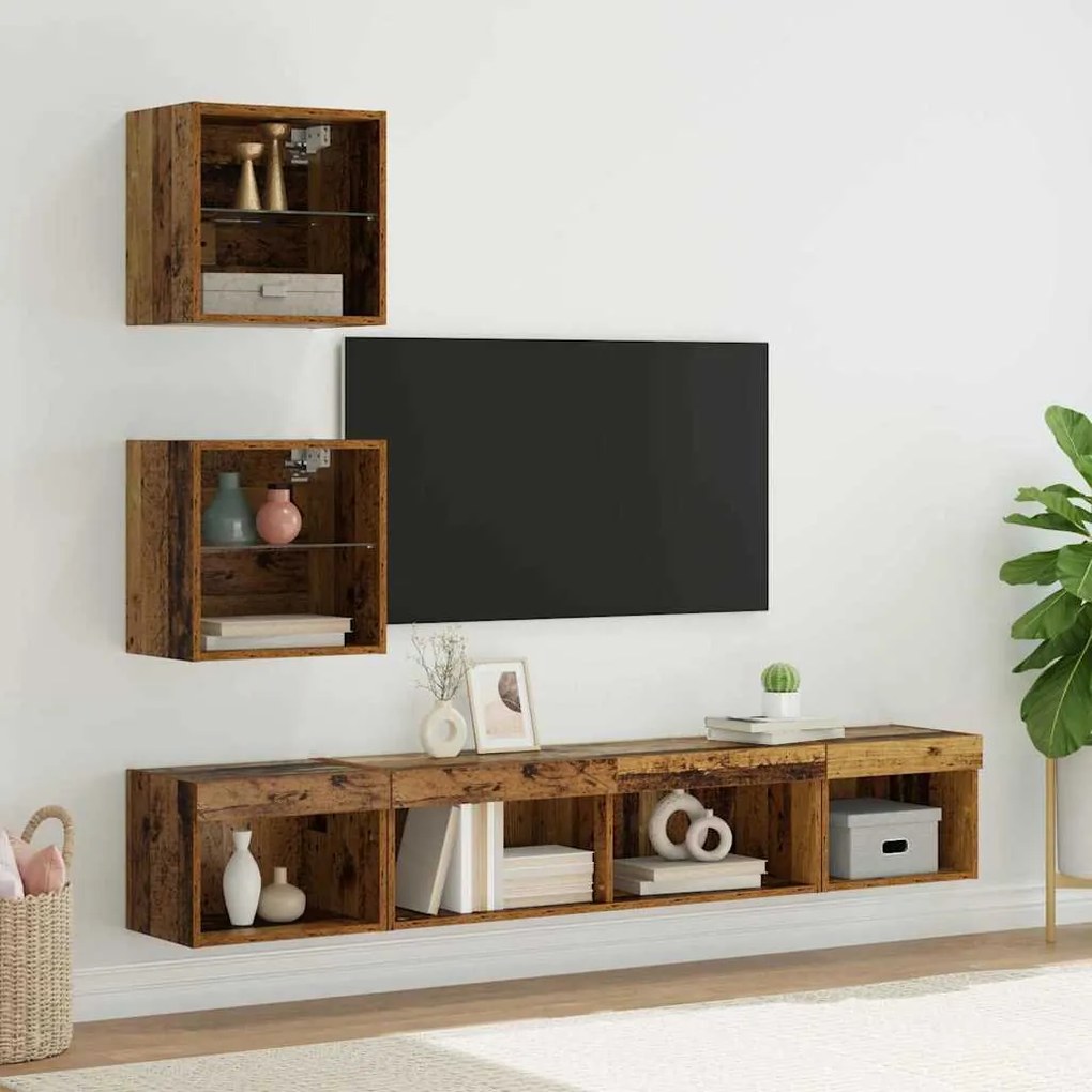 vidaXL Unidades de TV de Parede com LED com led 5 pcs Madeira antiga