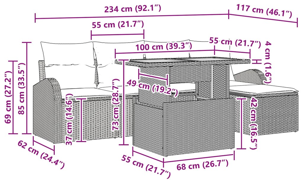 Conjunto de Jantar de Jardim de 6 Peças com Almofadas Cinza em Rattan