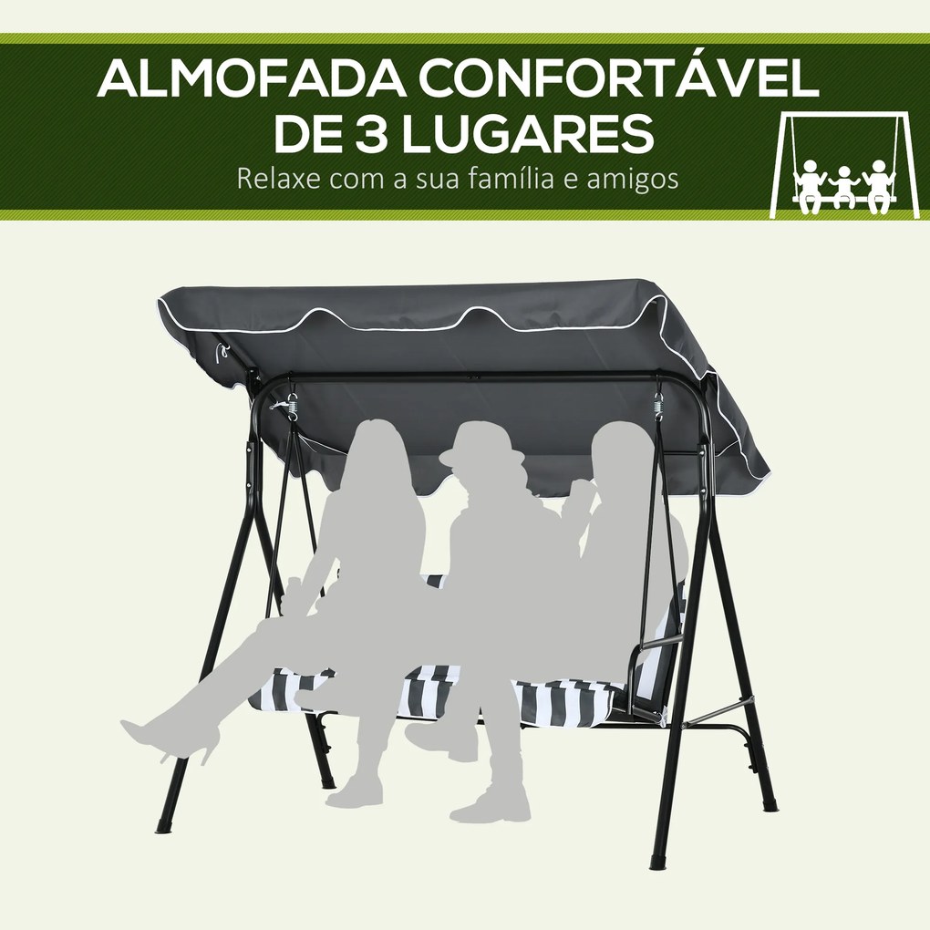 Balanço de Jardim Exterior Baloiço de 3 Lugares com Toldo Ajustável e Estrutura de Aço 172x110x153 cm Cinzento e Branco