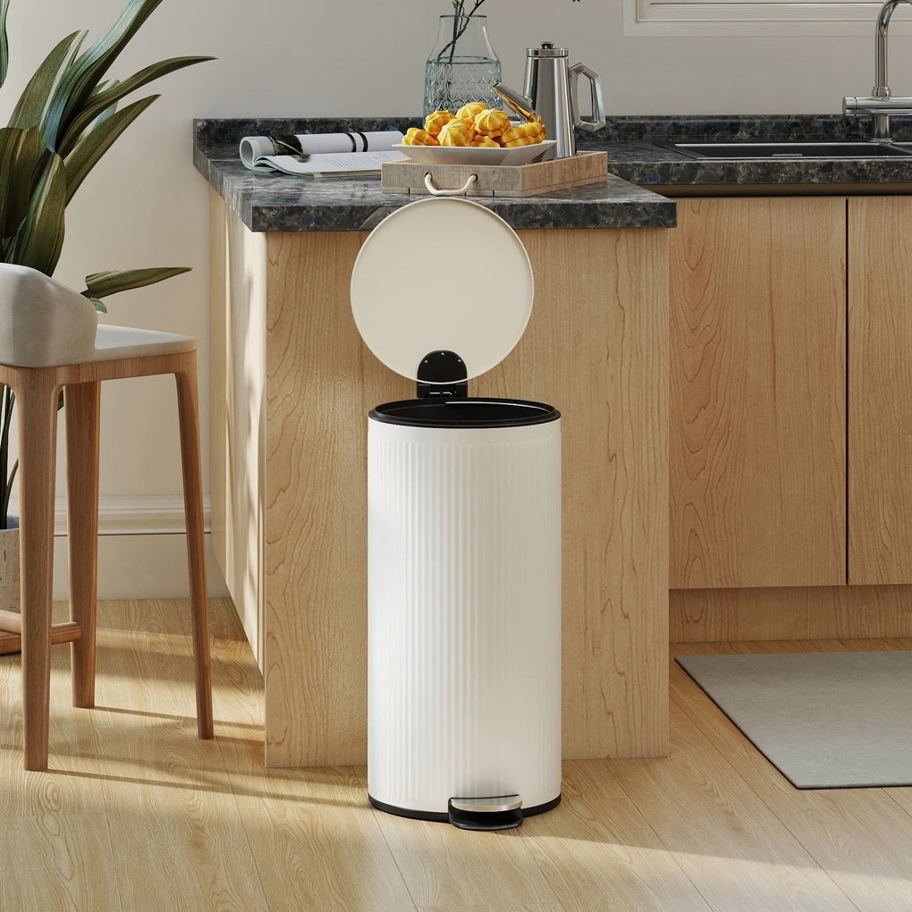 Balde do Lixo para Cozinha com Pedal 30L Cubo de Lixo Metálico com Tampa de Fecho Suave e Balde Removível 36x30x60,5 cm Creme