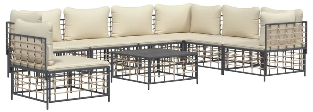 8 pcs conjunto lounge de jardim c/ almofadões vime PE antracite