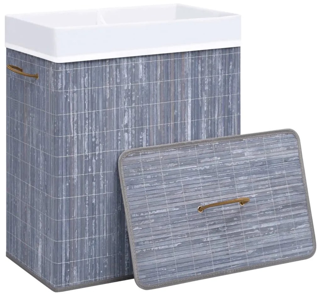 Cesto para roupa suja c/ 2 secções 100 L bambu cinzento