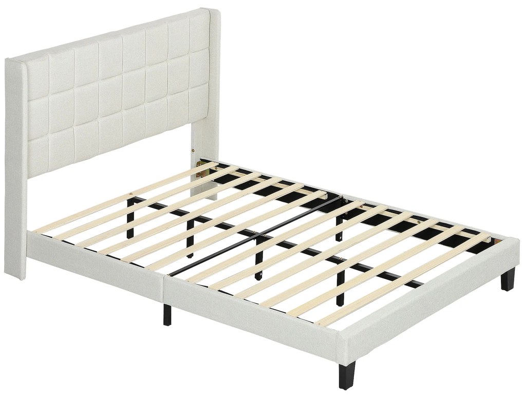 Estrutura de Cama 135x190 cm com Cabeceira Estofada em Linho e Espaço de Armazenamento Debaixo da Cama Bege