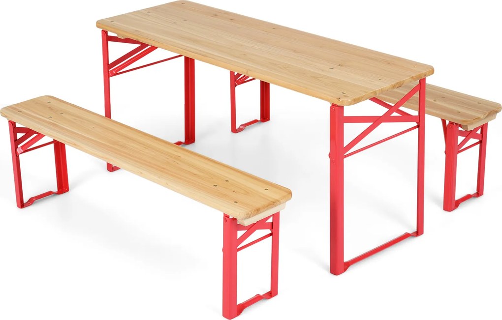 Conjunto de mesa e 2 bancos dobráveis para crianças, com tampo em madeira de abeto e estrutura metálica, para piqueniques de 4 pessoas, idades entre o