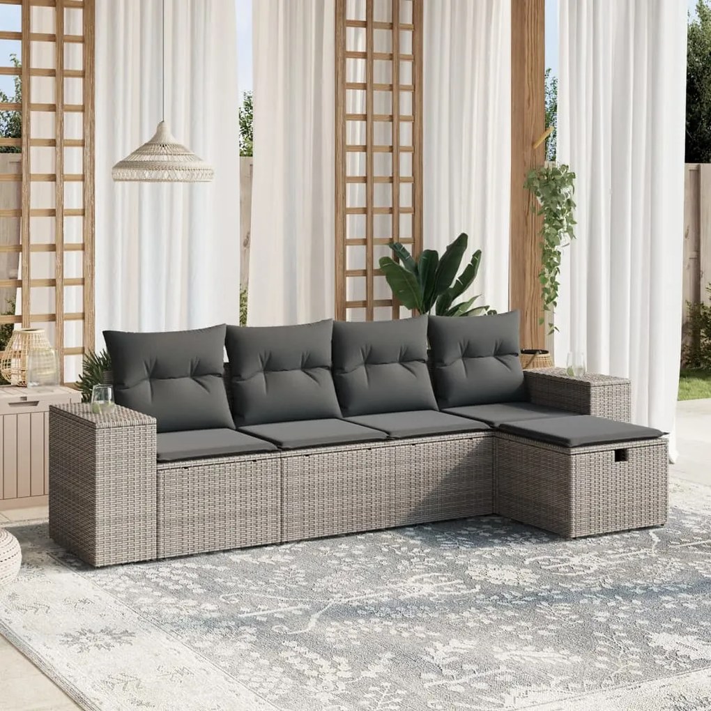 5 pcs conjunto sofás de jardim c/ almofadões vime PE cinzento