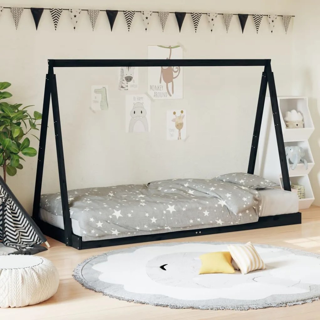 Estrutura de cama infantil 90x190 cm pinho maciço preto