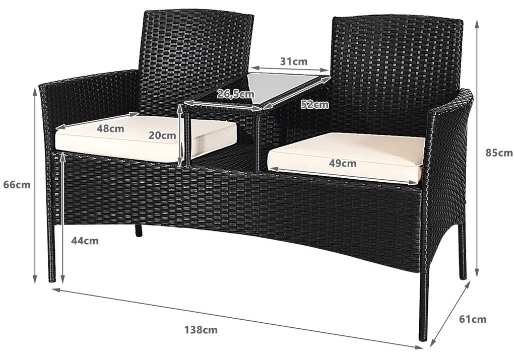 Conjunto de mesa e sofá em vidro de rattan PE com almofadas moderno para jardim, piscina, pátio 138 x 61 x 85 cm Almofadas Brancas