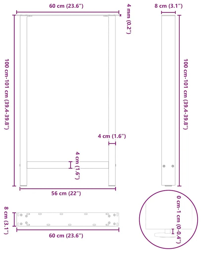 Pés de mesa de bar em aço natural, 2 peças, 60x(100-101) cm, aço