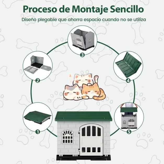 Casota dobrável 75 x 58 x 65 cm de plástico para cães resistente às intempéries para animais de estimação com bandeja sanitária Porta verde escuro