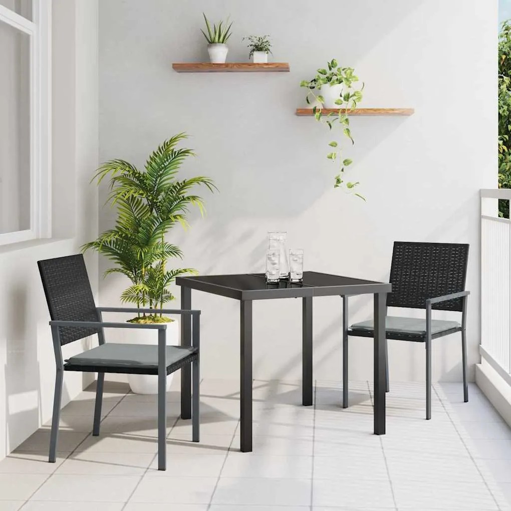 vidaXL Conjunto de Jantar de Jardim 3 Peças com Almofadas Preto Rattan Poliéster