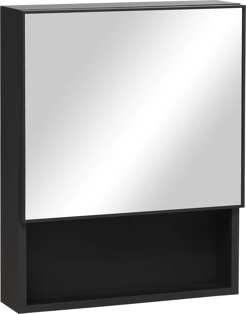 kleankin Armário Espelhado, 2 Prateleiras Internas, Compartimento Aberto, Estrutura de Aço, preto, 46 x 13,5 x 58 cm | Aosom Portugal
