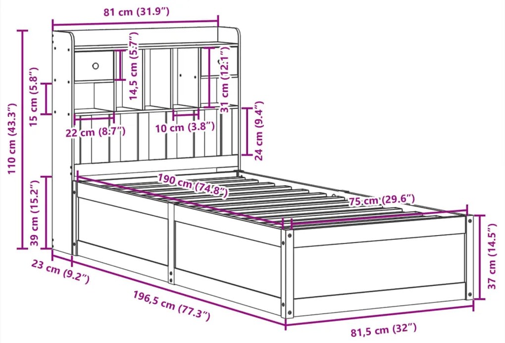 Cama sem colchão 75x190 cm madeira de pinho maciça