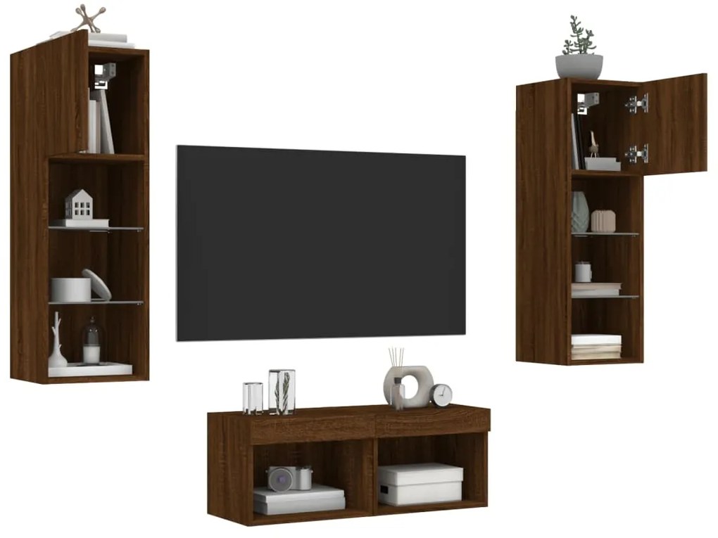 vidaXL 4 pcs móveis de parede para TV com luzes LED carvalho castanho