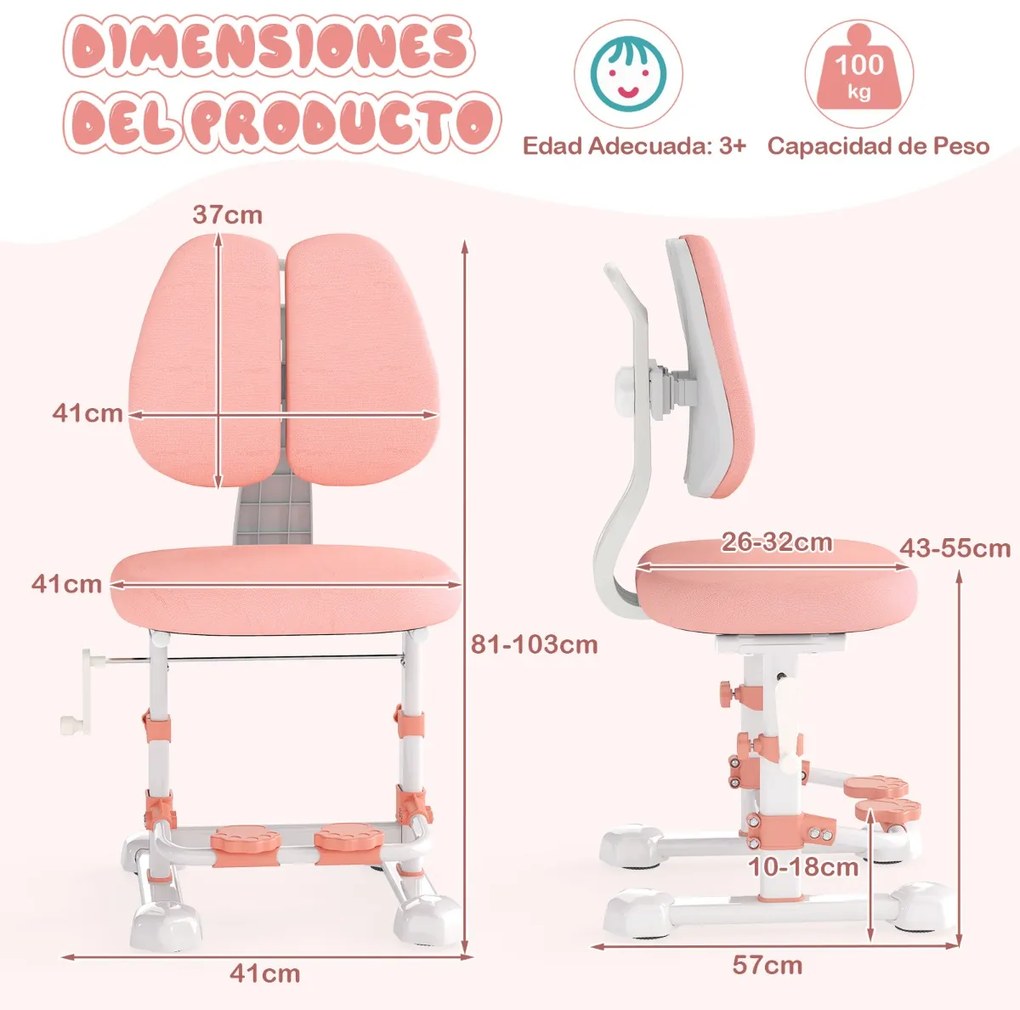 Cadeira de de escritório para crianças com encosto duplo ajustável, apoio para os pés, altura e profundidade do assento ajustáveis, rosa