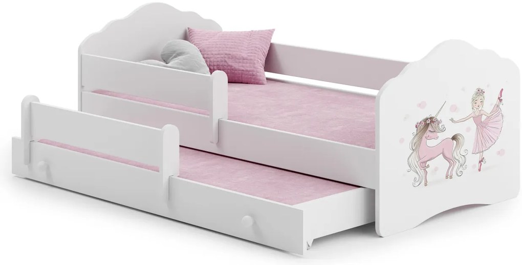 Cama infantil dupla branca 160x80 unicórnio e princesa -colchão e estrado incluído