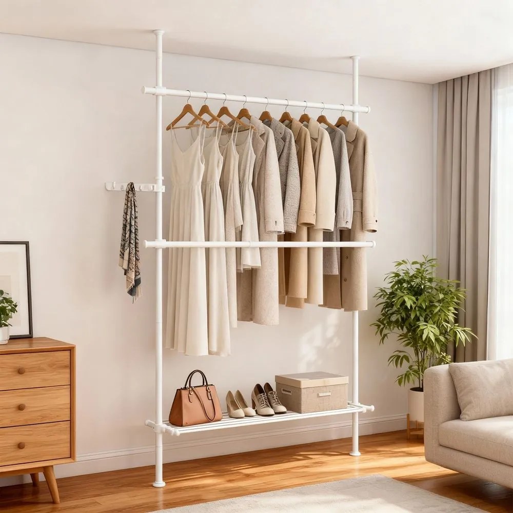 Guarda-roupa aberto com 2 varões e 1 prateleira com 3 níveis 33,5 x (84-123) x (220-300) cm , ajustável em altura e largura Branco