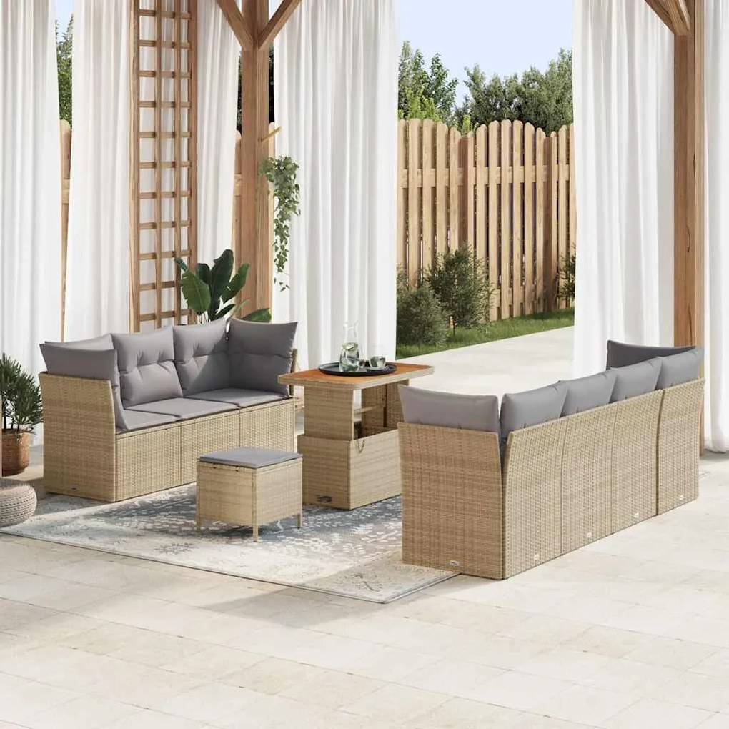 Conjunto de Sofá de Jardim de 10 Peças com Almofadas Bege Vime PE Acác