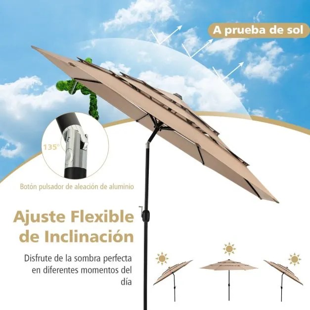 Guarda-sol jardim 3 m de 3 camadas de com ventilação dupla (BASE NÃO INCLUIDA), inclinação, botão de pressão, manivela manual e 8 varas Café