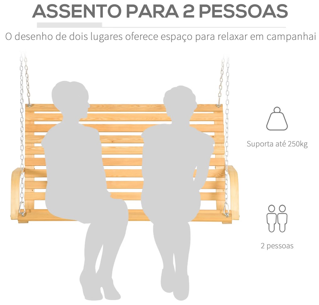 Outsunny Banco Baloiço de Madeira de 2 Lugares Baloiço Suspenso Carga Máxima 250kg para Jardim Terraço Balcão Exterior 141,5x51x78cm Natural