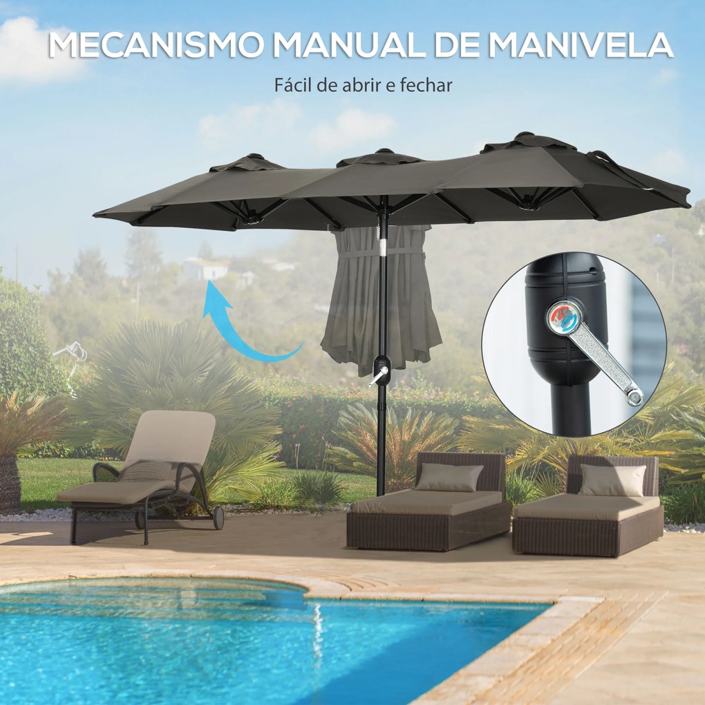 Chapéu de Sol Duplo 285x147x227cm Chapéu de Sol de Jardim com Inclinação de 45° Manivela Estrutura de Aço para Pátio Varanda Piscina Cinza