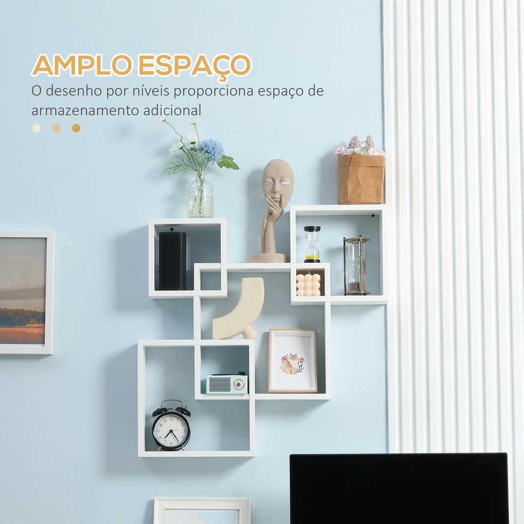 Estante de Parede com 4 Cubos Estante Flutuante de Madeira para Sala de Estar Dormitório Entrada Estúdio Estilo Moderno 65x10,2x64,5cm Branco