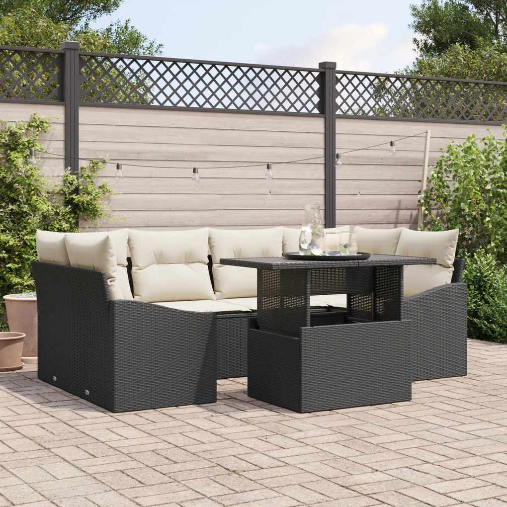 Conjunto de Sofá de Jardim de 7 Peças com Almofadas em Rattan Preto
