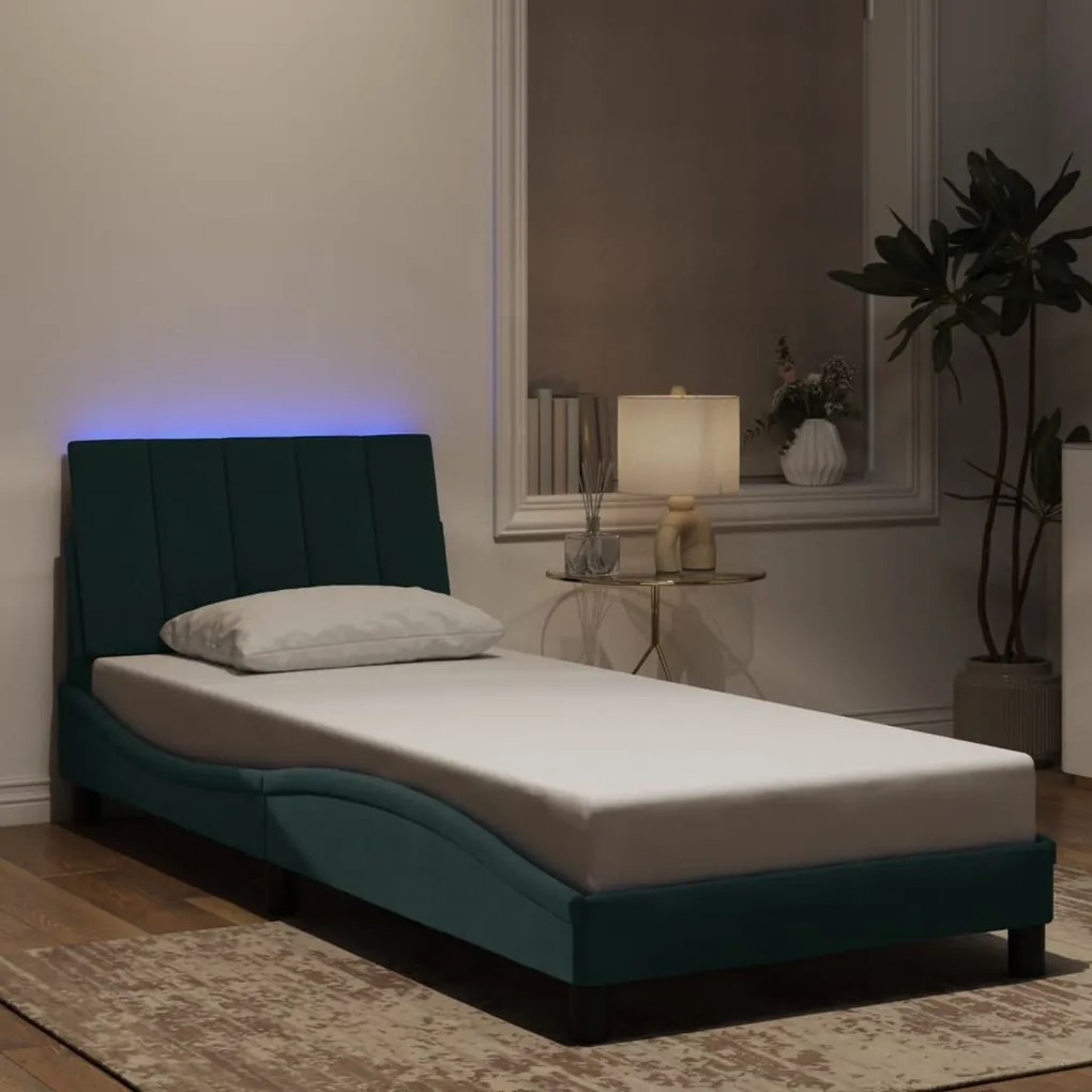 Estrutura de cama c/ luzes LED 80x200 cm veludo verde-escuro