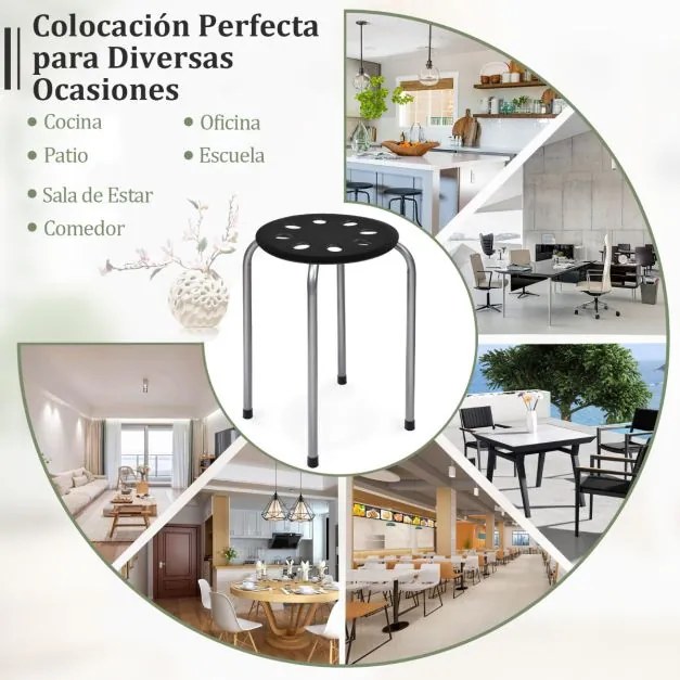 Conjunto de 6 bancos empilháveis de metal com assento redondo perfurado, estrutura metálica  Preto + Cinza