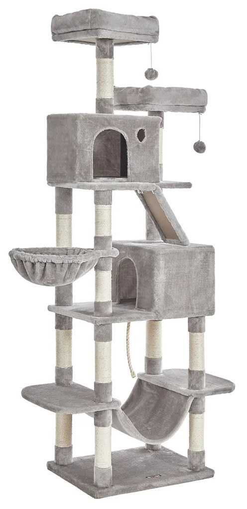 Árvore p/ gato 206 cm, 13 postes, cesto, rede, 2 cavernas, cinzento-claro