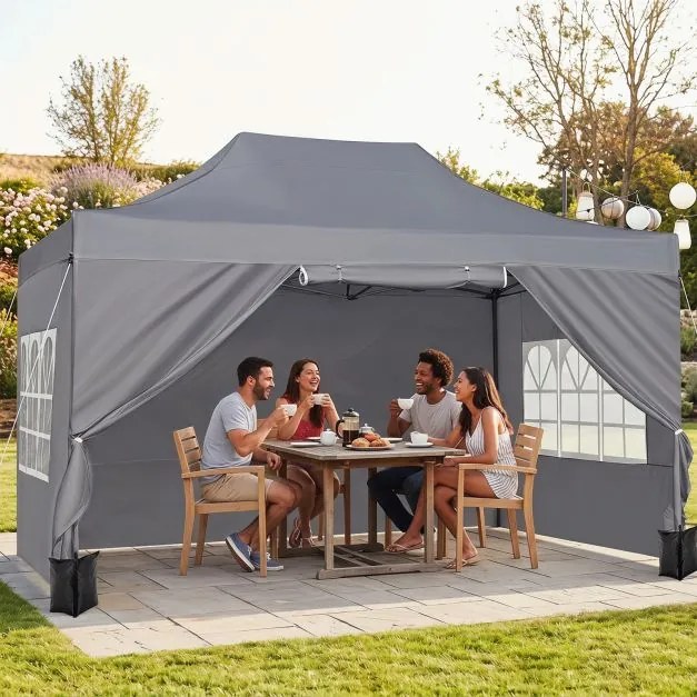 Tenda dobrável 431 x 291 cm, pop-up com 4 paredes amovíveis, altura ajustável, 4 x Sacos de areia, saco de transporte, rodas, impermeável, para pátio,