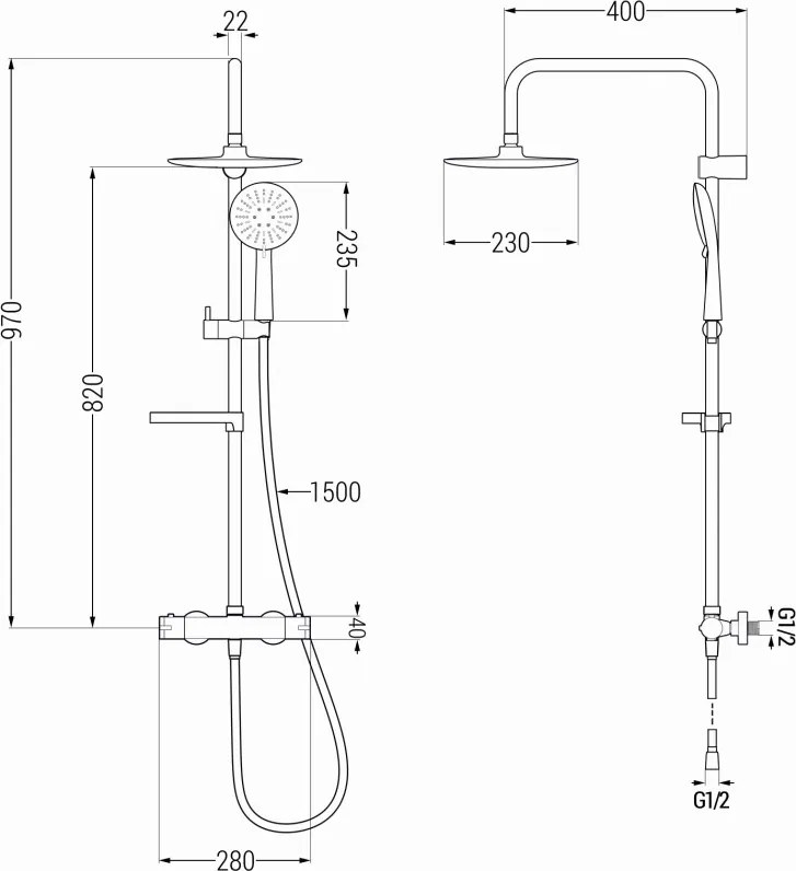 Mexen KX33 conjunto de chuveiro de parede com chuveiro de teto e torneira termostática, preto - 771503391-70