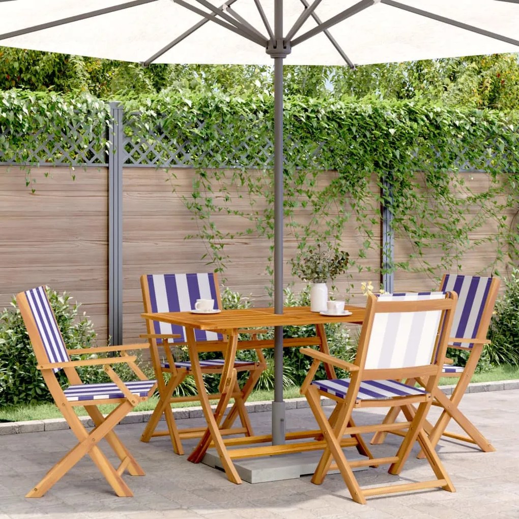 vidaXL 5pcs conj. jantar p/ jardim tecido/madeira maciça azul e branco